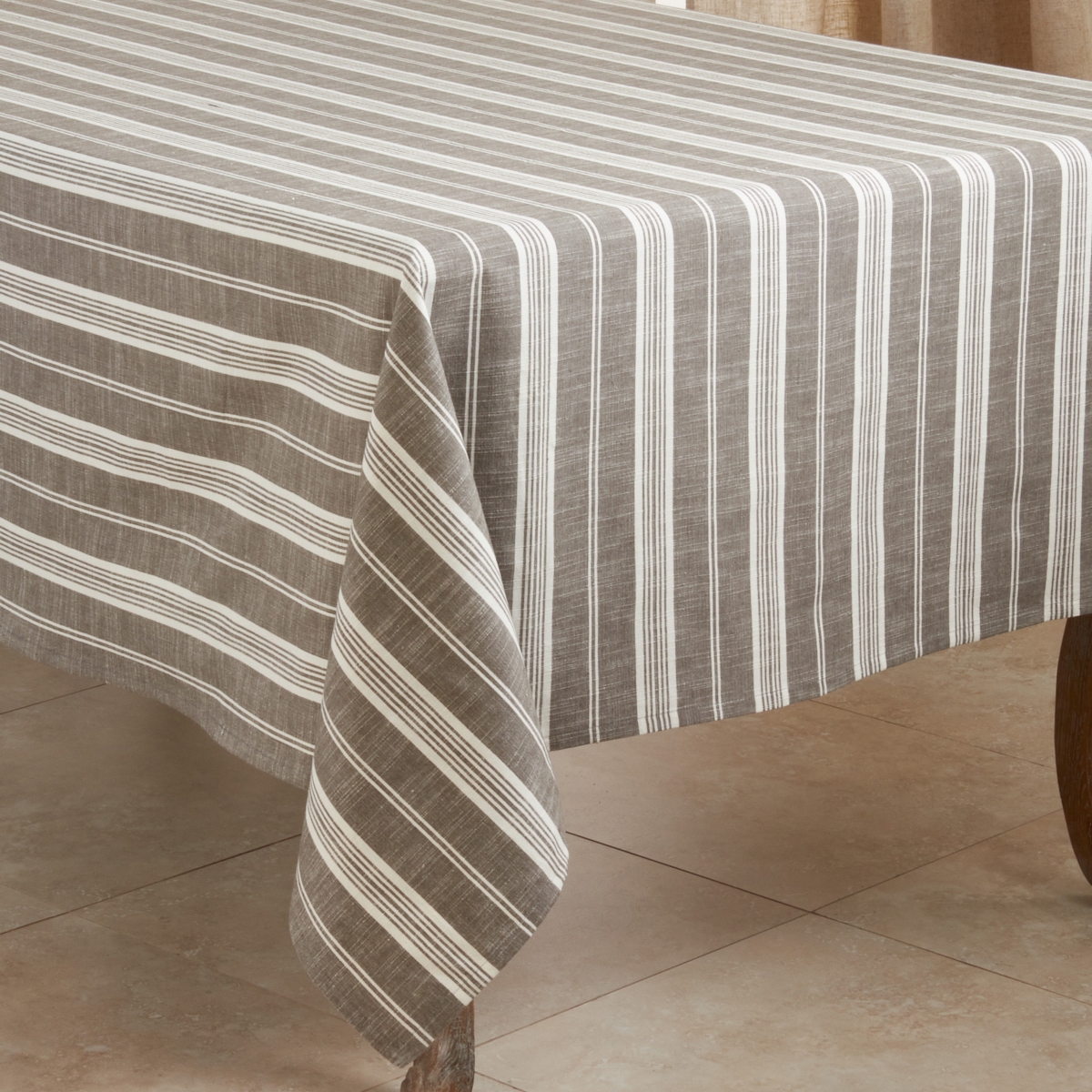 SARO  70 in. Square Cotton Tablecloth with Grey Striped Design
