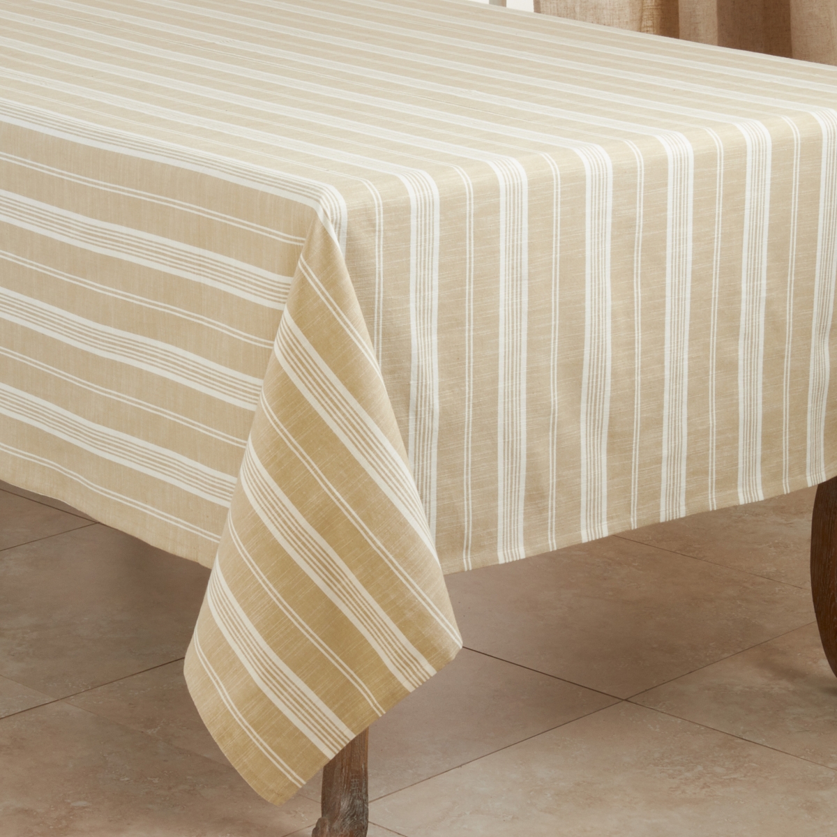 SARO  70 in. Square Cotton Tablecloth with Khaki Striped Design