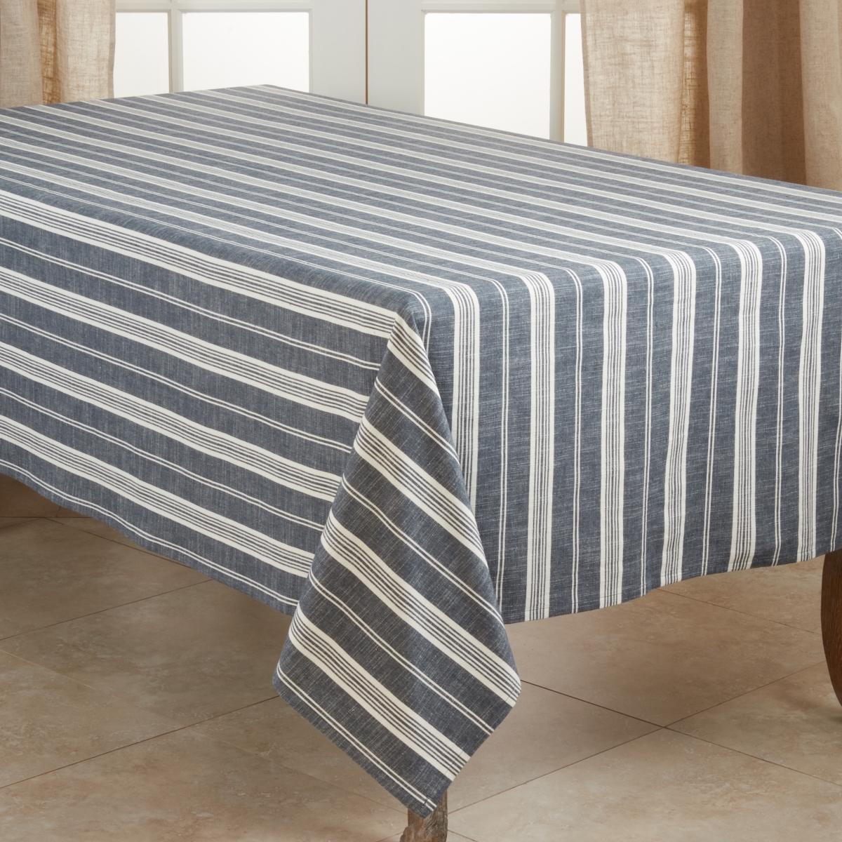 Picture of SARO 5618.NB65160B 65 x 160 in. Oblong Cotton Tablecloth with Navy Blue Striped Design