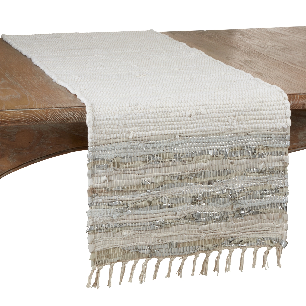 Picture of SARO 3336.S1672B 16 x 72 in. Oblong Leather Chindi Table Runner with Striped Design