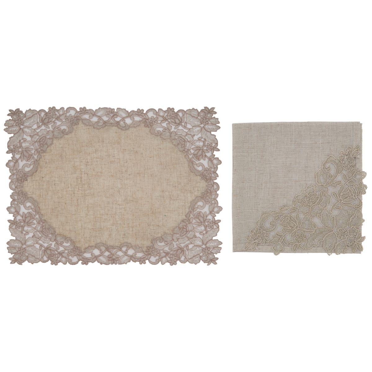 SARO  Table Napkin & Placemat Set with Natural Lace & Embroidered Design