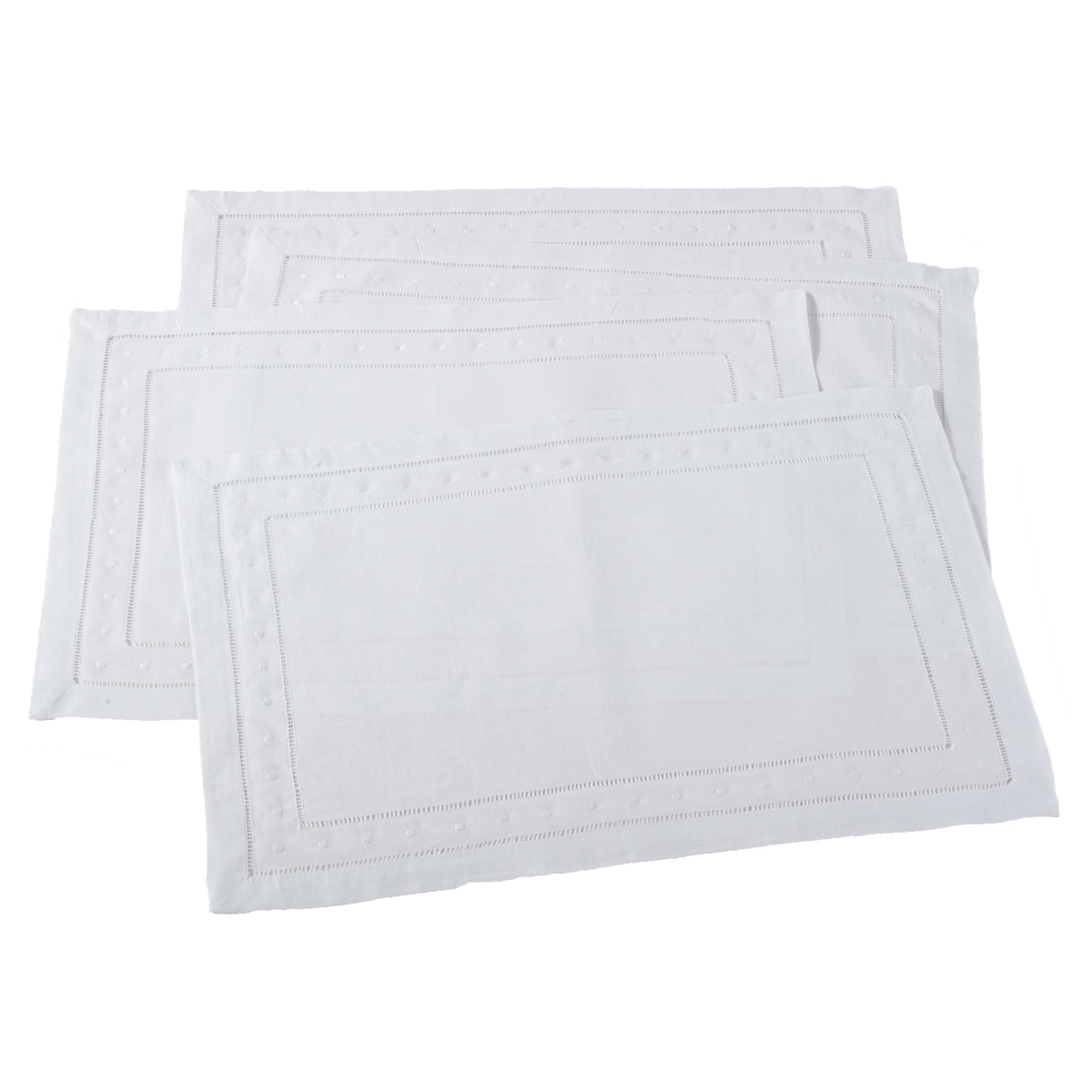 SARO  14 x 20 in. Swiss Dot Rectangle Embroidered & Hemstitched Placemat - White  Set of 4