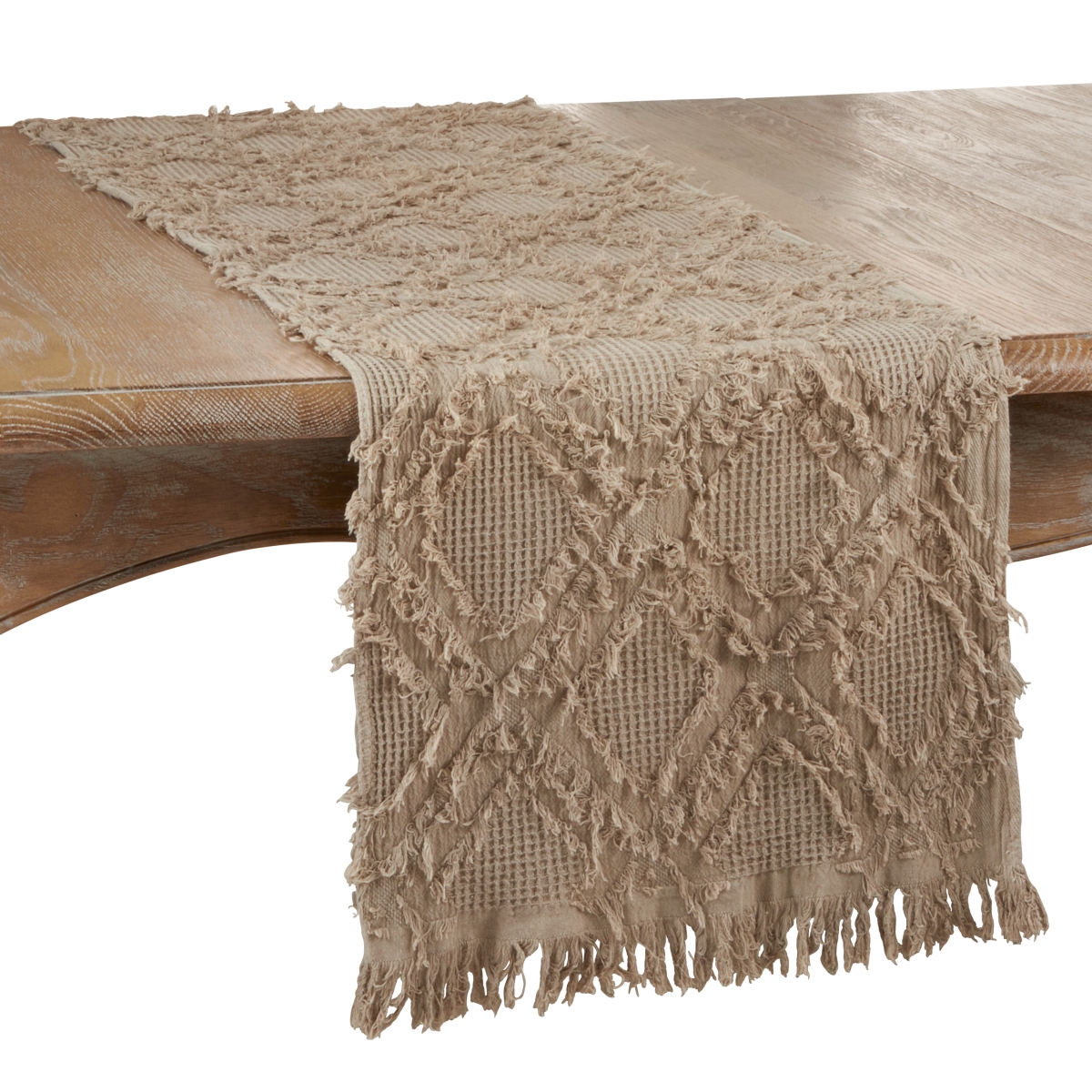 SARO  16 x 72 in. Oblong Waffle Weave Table Runner with Natural Fringe Design