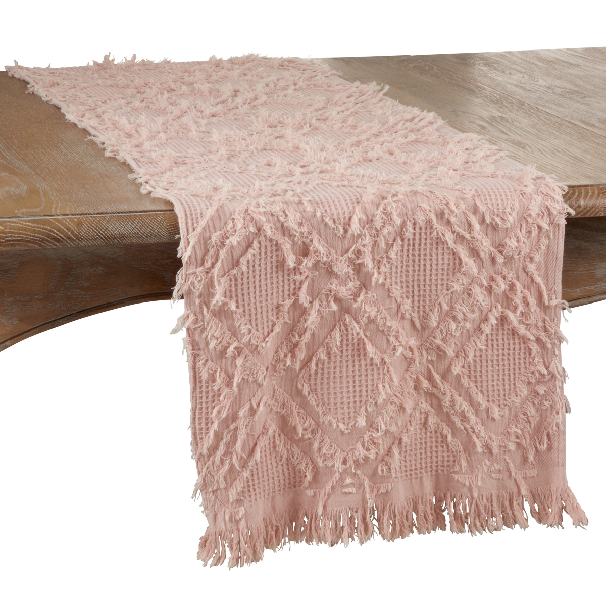 Picture of SARO 1877.RS1672B 16 x 72 in. Oblong Waffle Weave Table Runner with Rose Fringe Design