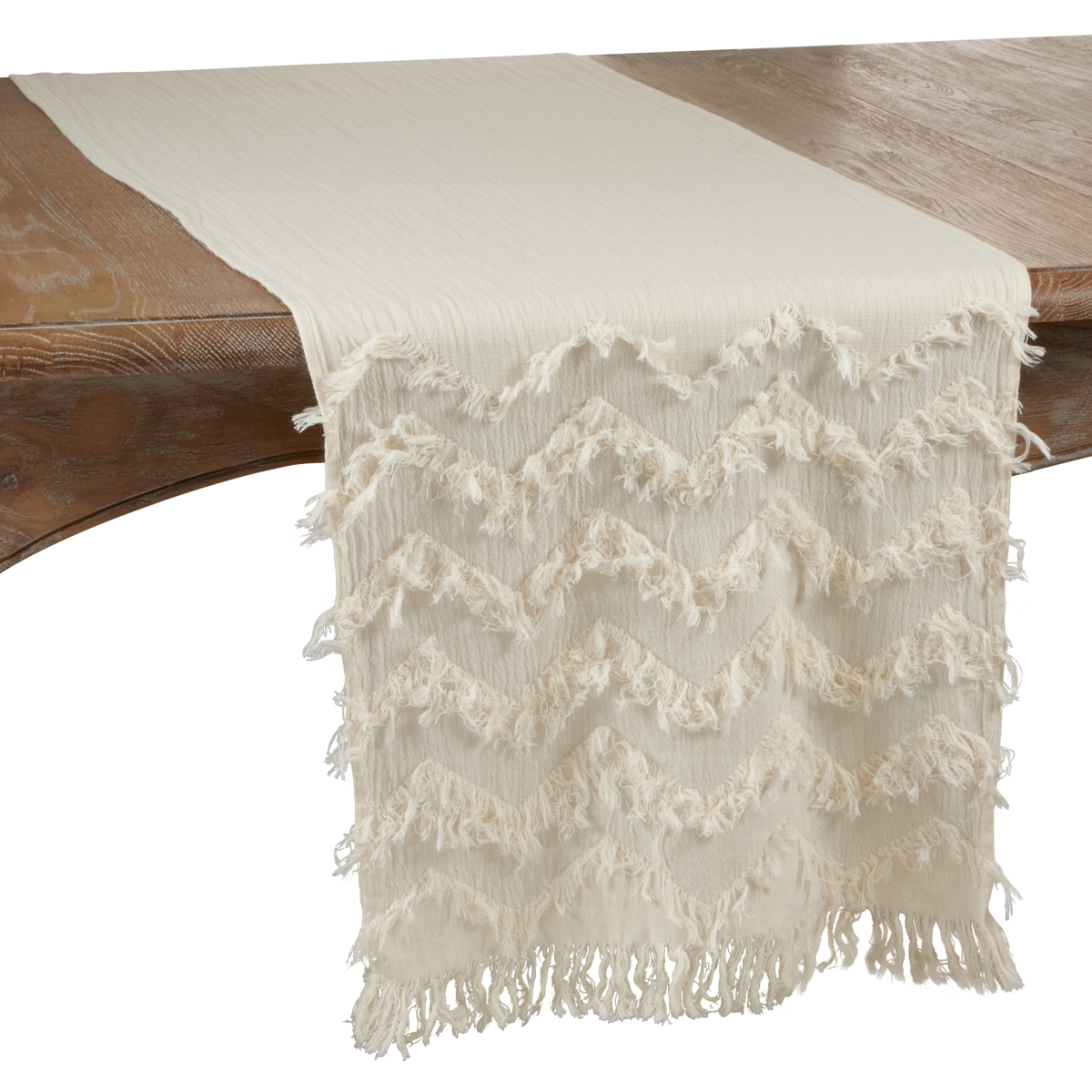 SARO  16 x 72 in. Oblong Chevron Table Runner with Ivory Fringe Design