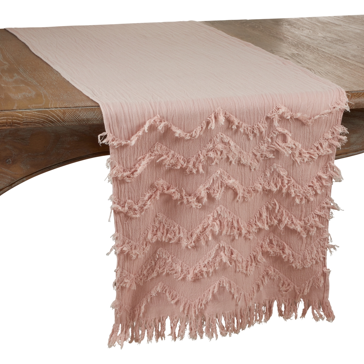 SARO  16 x 72 in. Oblong Chevron Table Runner with Rose Fringe Design