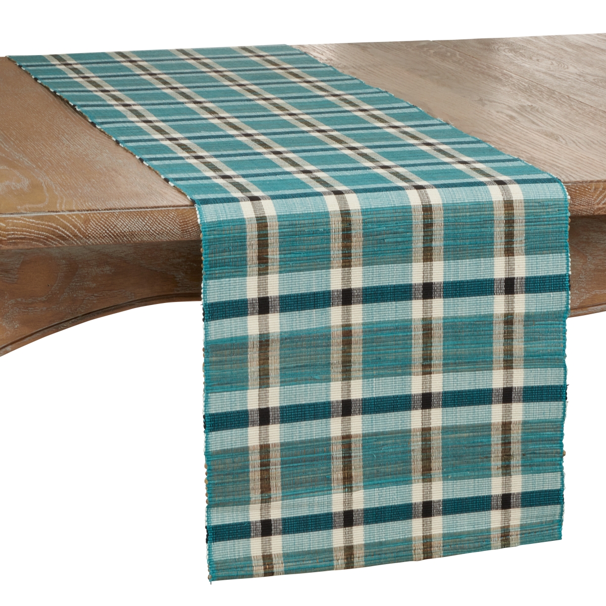 Picture of SARO 805.TQ1472B 14 x 72 in. Oblong Table Runner with Turquoise Plaid Woven Water Hyacinth Design