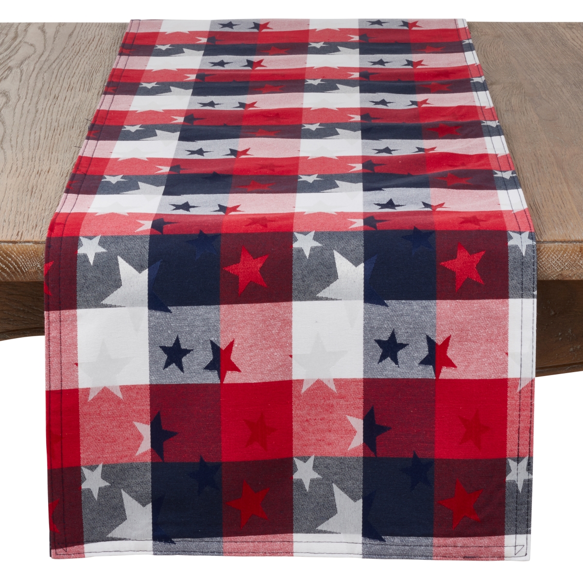 SARO  Patriotic Plaid & Star Design Table Runner - Blue/Red - 16 x 108 in.