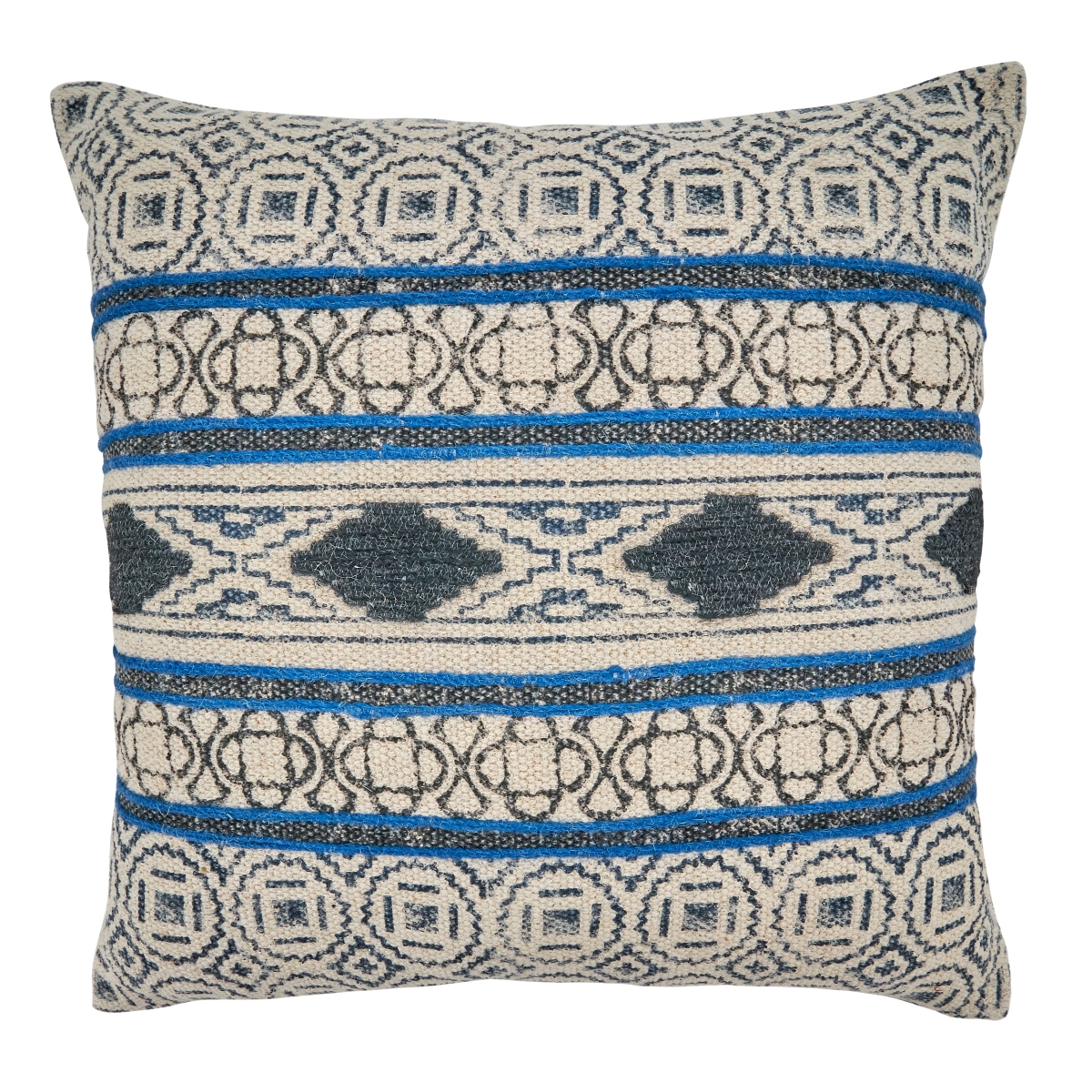 SARO  20 in. Square Down-Filled Throw Pillow with Blue Boho Rug Design