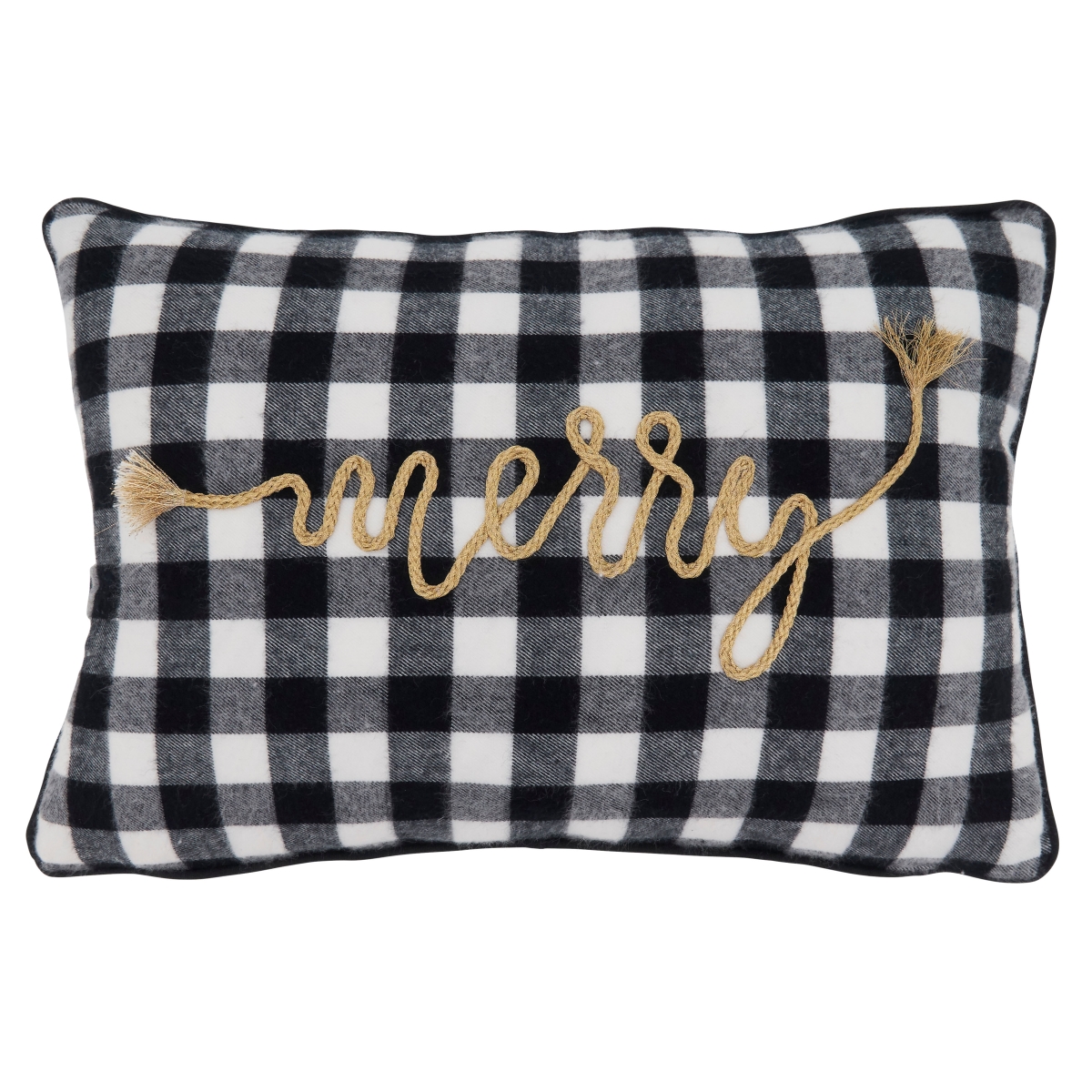 SARO  12 x 18 in. Oblong Black & White Buffalo Plaid Merry Throw Pillow with Poly Filling