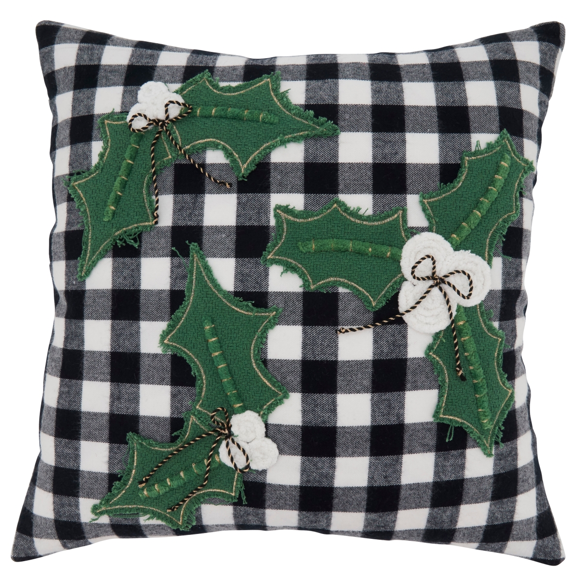 SARO  18 in. Square Black & White Buffalo Plaid Holly Applique Pillow Cover
