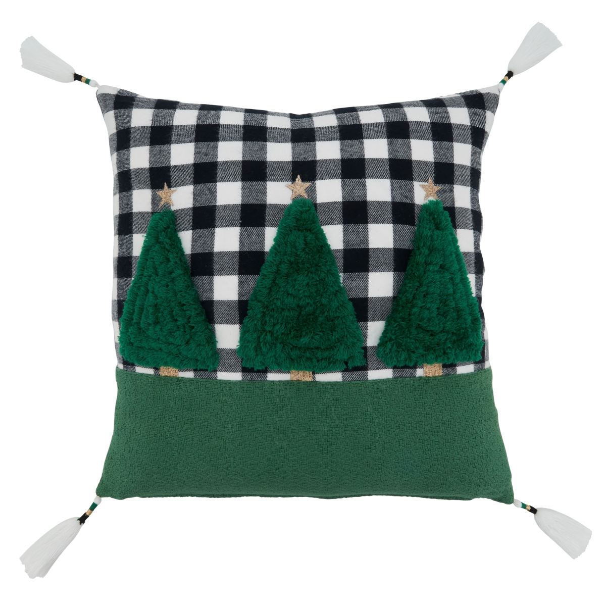 SARO  18 in. Square Green Plaid Pillow Cover with Trees Design