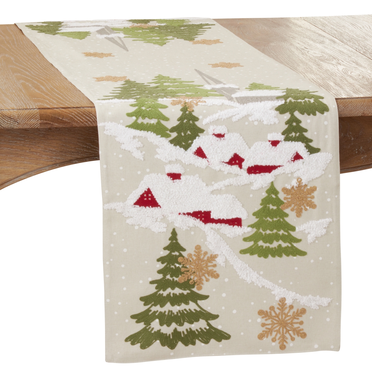 SARO  16 x 70 in. Oblong Natural Embroidered Christmas Mountain Table Runner