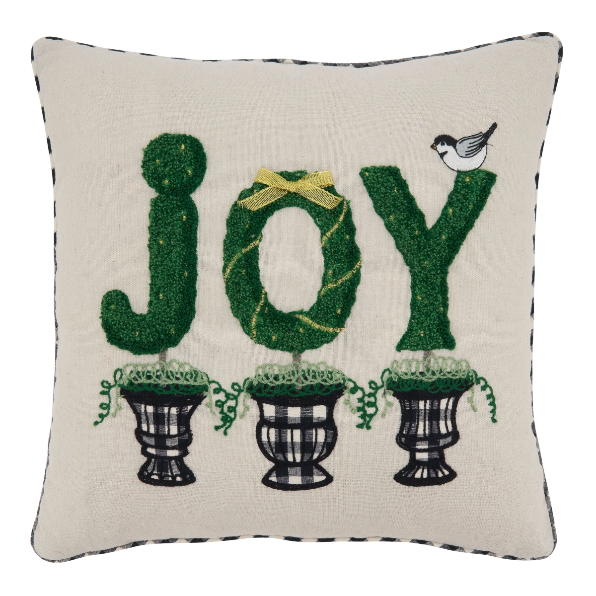 SARO  18 in. Square Natural Topiary Joy Design Throw Pillow with Down Filling