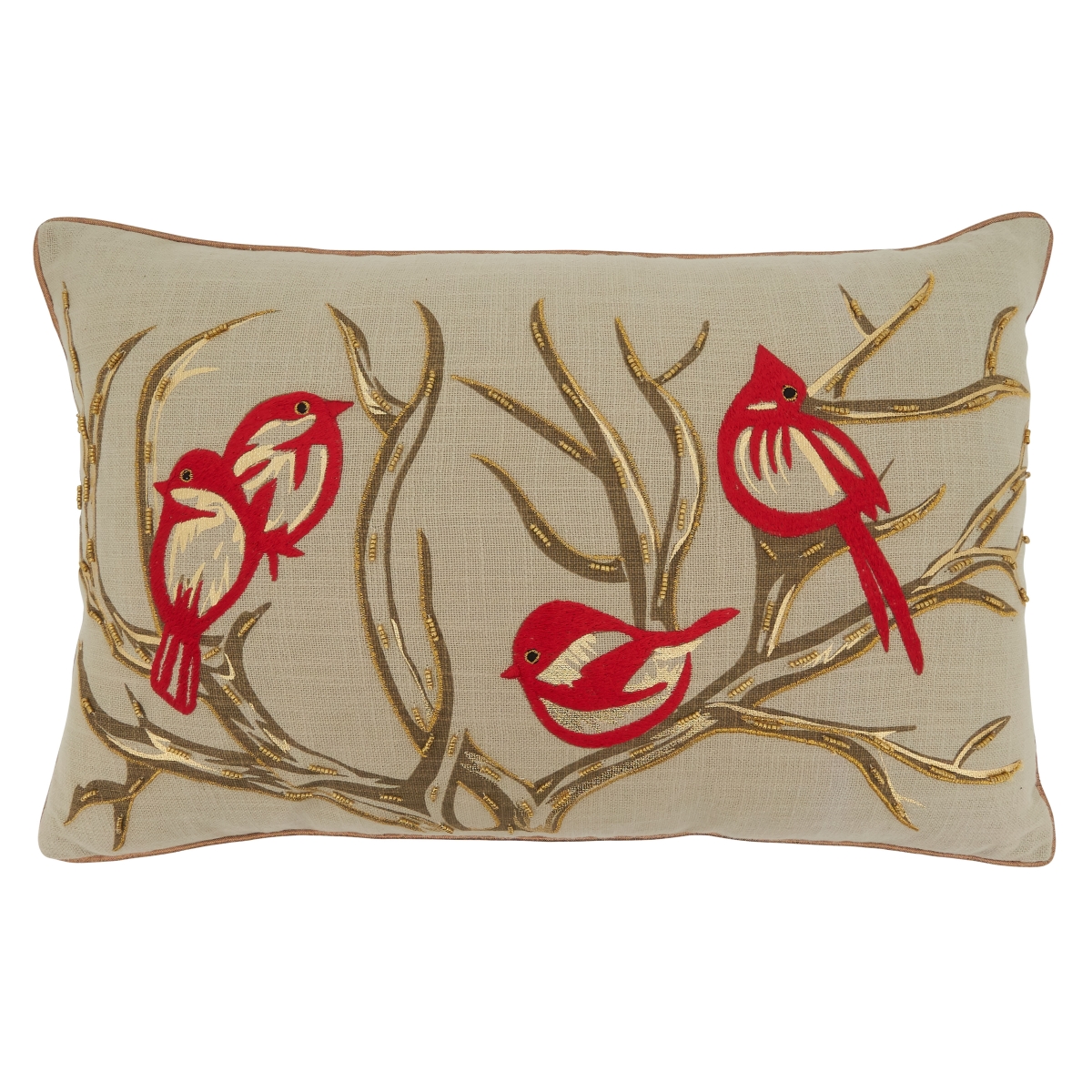 Picture of SARO 1129.N1422BP 14 x 22 in. Oblong Natural Embroidered Bird &amp; Branch Throw Pillow with Poly Filling
