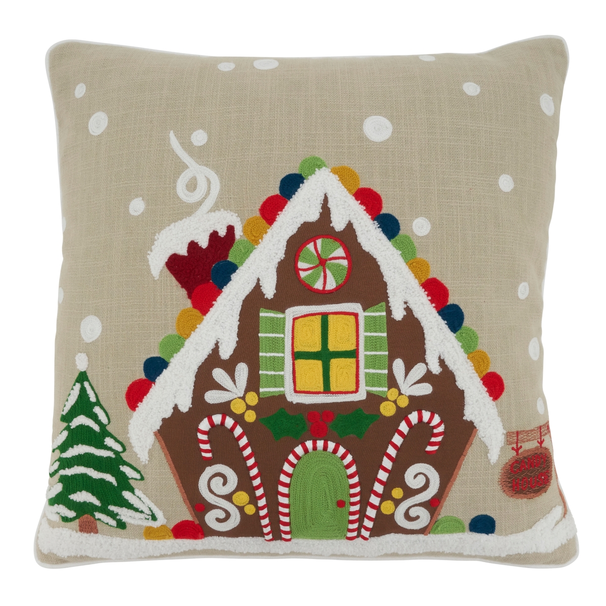 SARO  18 in. Square Natural Gingerbread House Throw Pillow with Down Filling