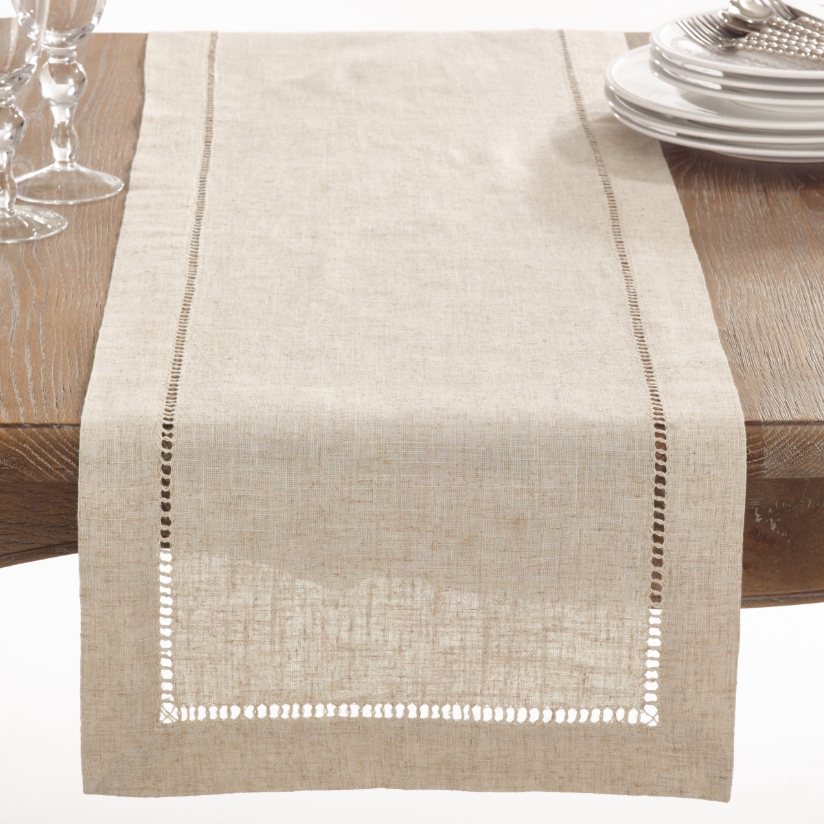Picture of SARO 731.N1672B 72 in. Rectangle Hemstitched Linen Blend Table Runner - Natural 