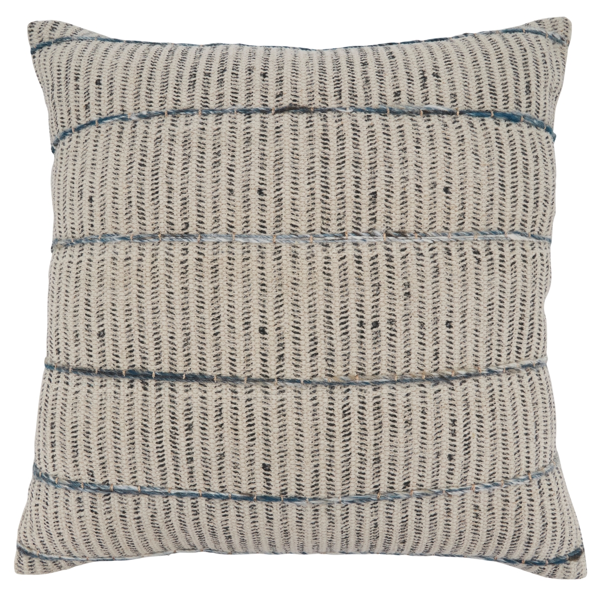 SARO  20 in. Square Blue Stripe Embroidered Block Print Throw Pillow with Down Filling