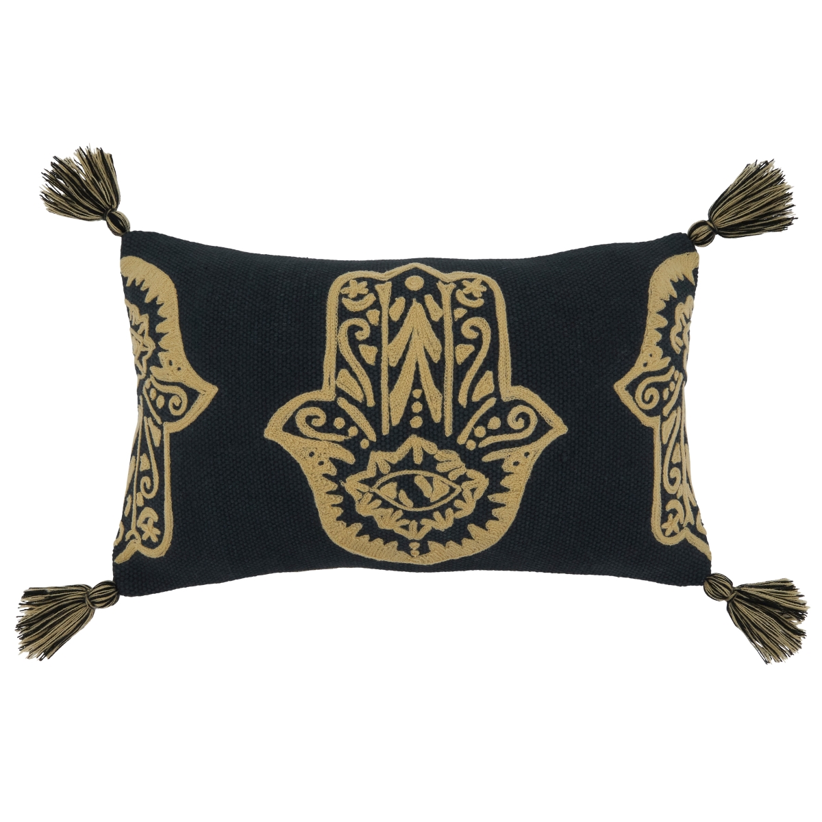 SARO  12 x 20 in. Oblong Black Hamsa Hand Embroidered Lumbar Throw Pillow with Down Filling