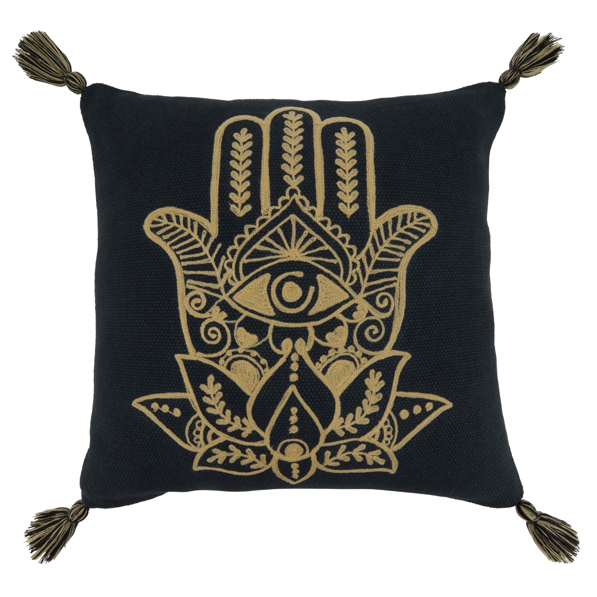 SARO  20 in. Square Black Hamsa Hand Embroidered Throw Pillow with Poly Filling