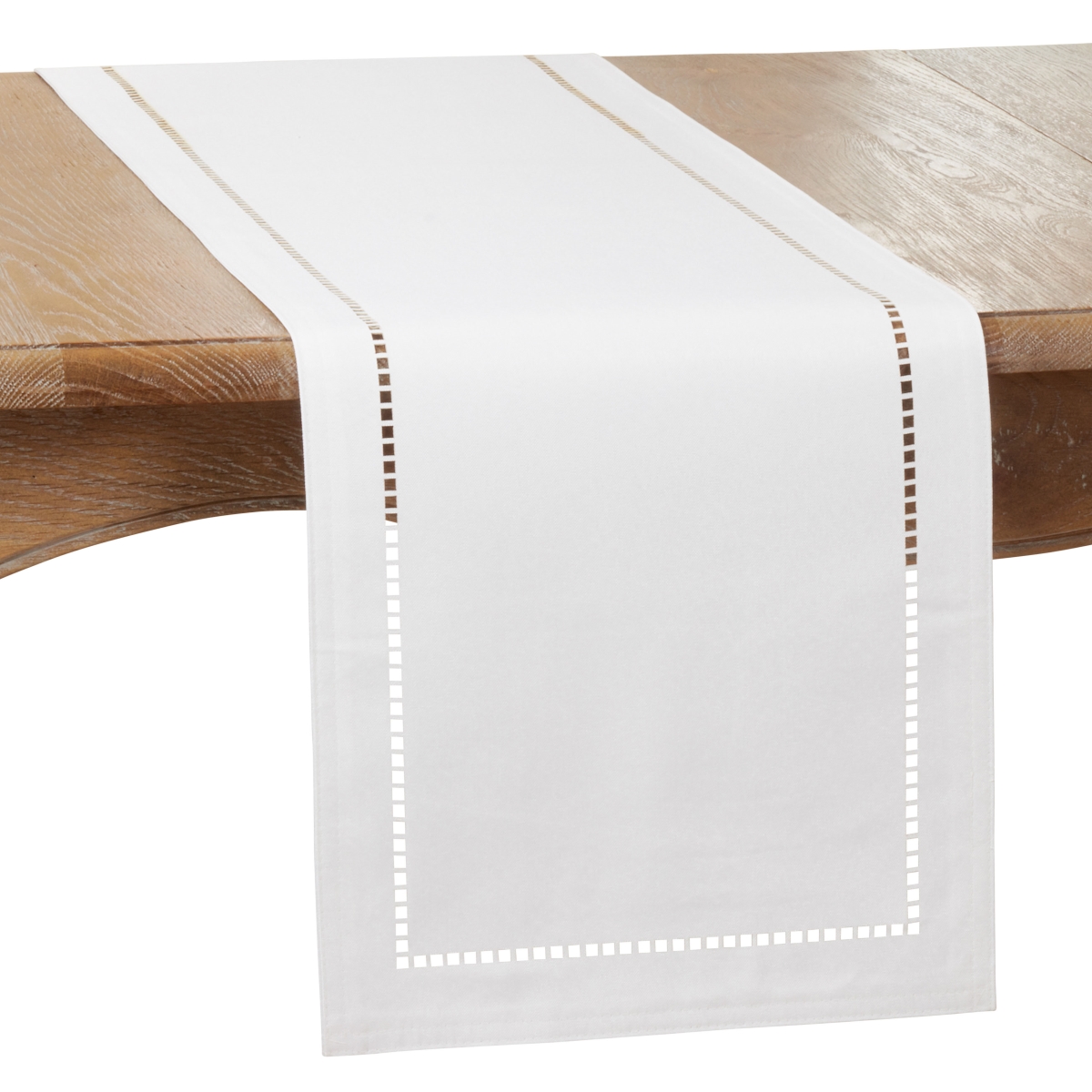 SARO  14 x 108 in. Oblong White Laser-Cut Hemstitch Table Runner