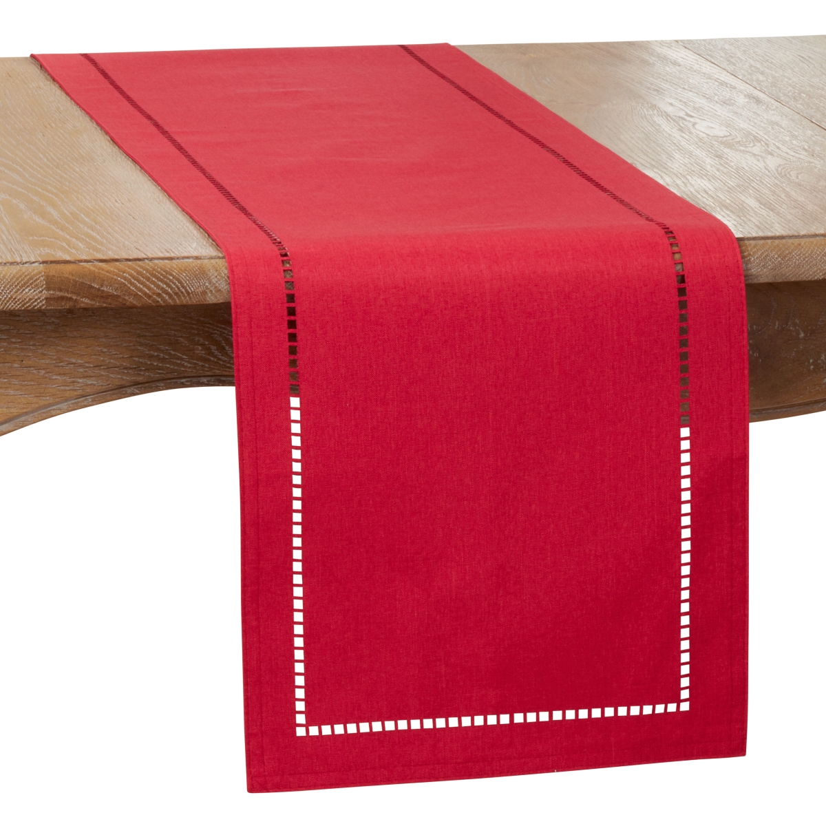 SARO  14 x 120 in. Oblong Red Laser-Cut Hemstitch Table Runner
