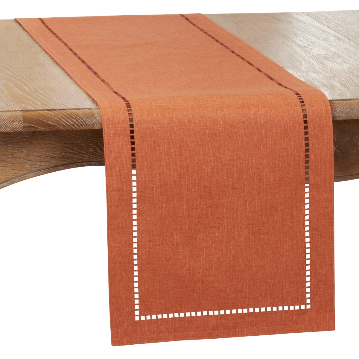 SARO  14 x 108 in. Oblong Rust Laser-Cut Hemstitch Table Runner
