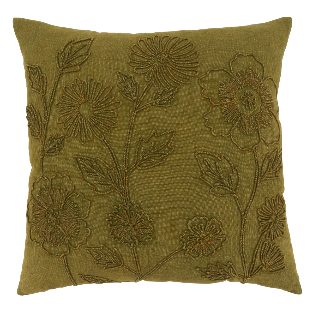 SARO  20 in. Square Green Stone Washed Floral Pillow Cover