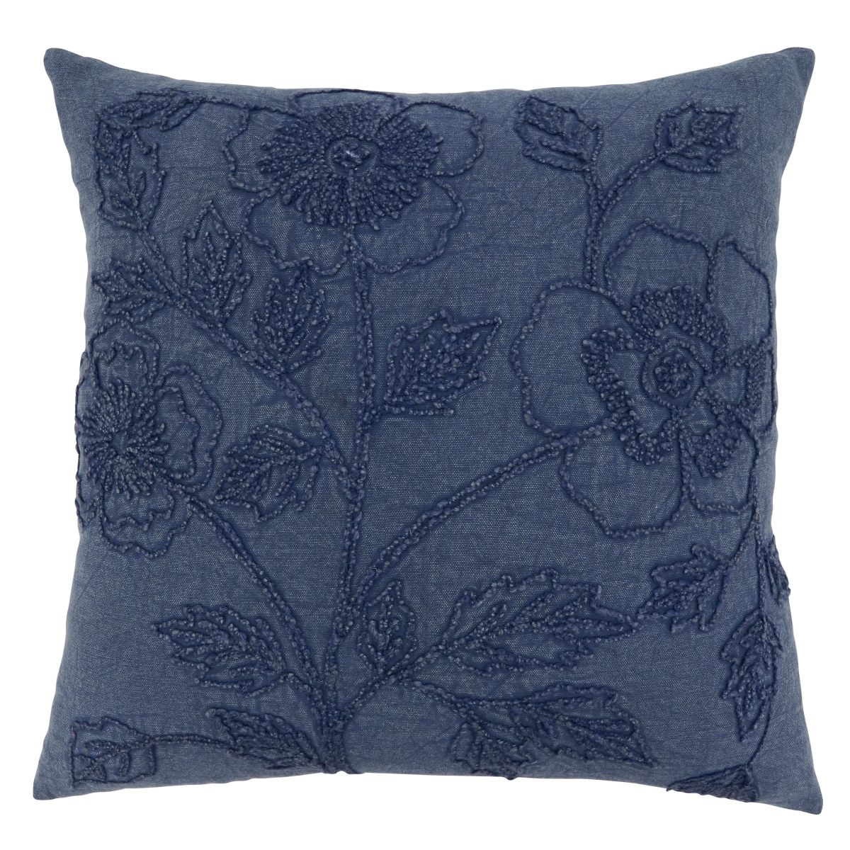 SARO 683.DN20SD 20 in. Square Denim Stone Washed Floral Throw Pillow with Down Filling