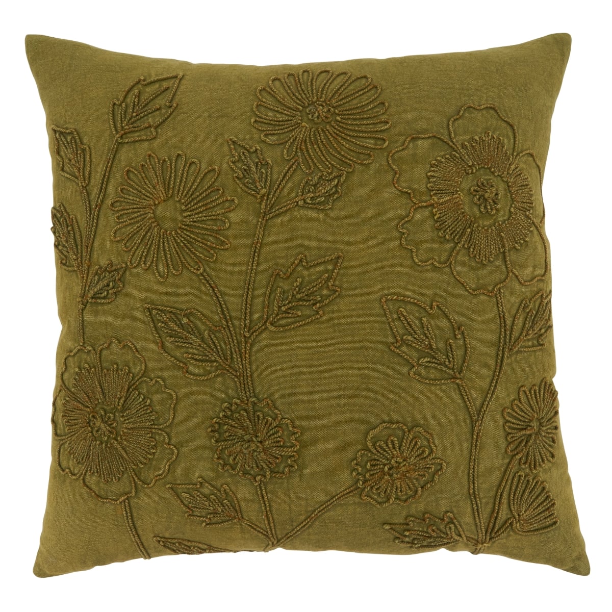 SARO  20 in. Square Green Stone Washed Floral Throw Pillow with Poly Filling