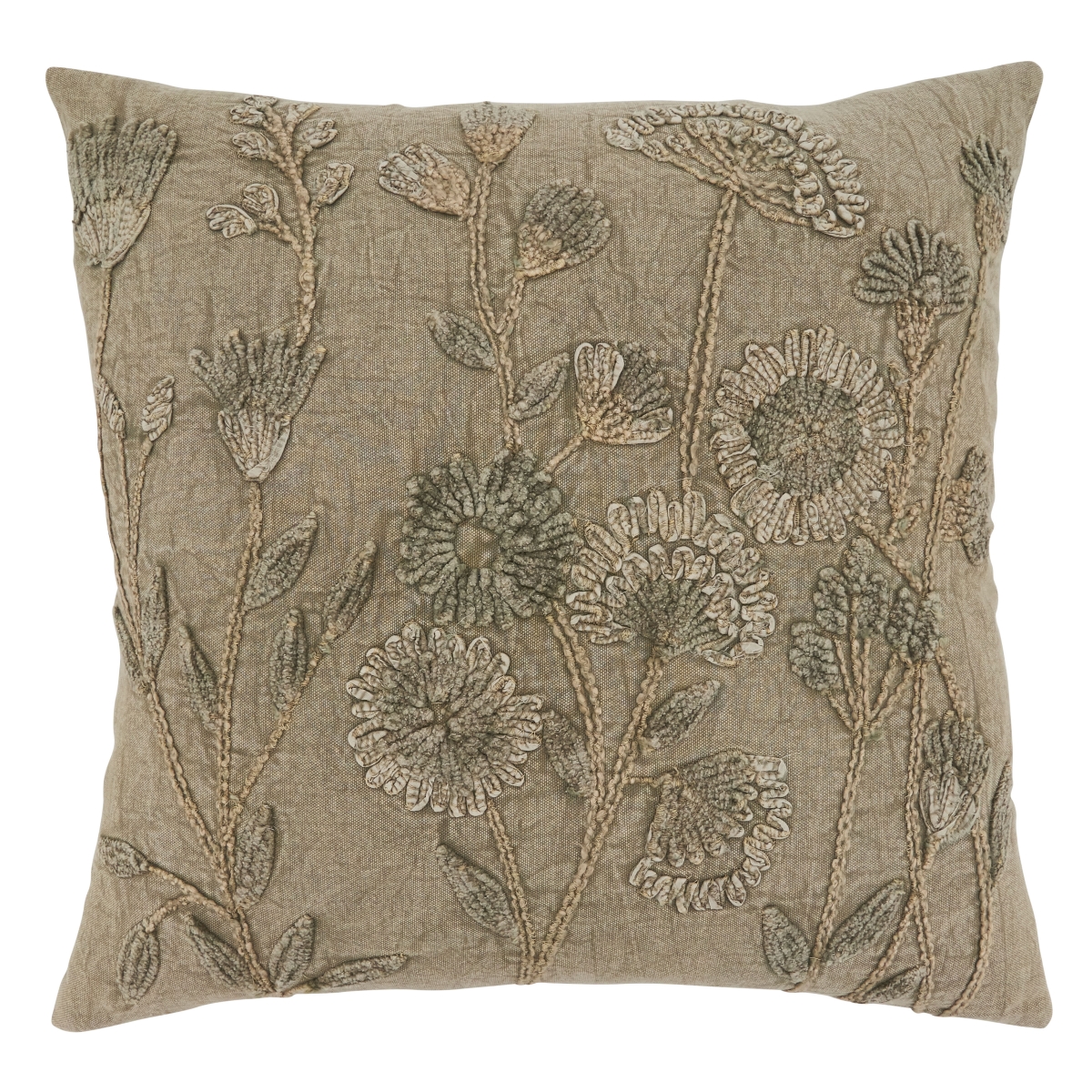 SARO  Stone Washed Floral Throw Pillow - Taupe - 20 in.