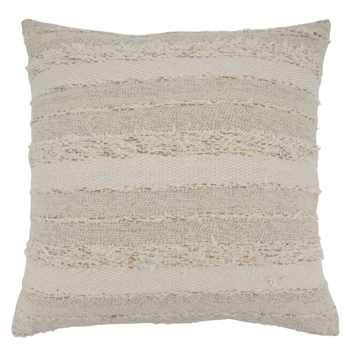 SARO  22 in. Square Ivory Fringe Stripe Design Throw Pillow with Down Filling