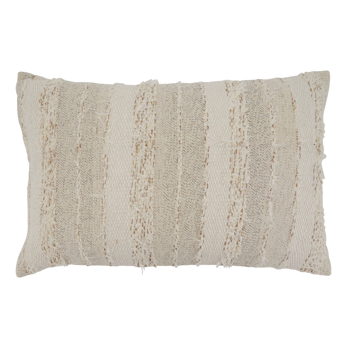 SARO  16 x 24 in. Oblong Ivory Fringe Stripe Design Throw Pillow with Poly Filling