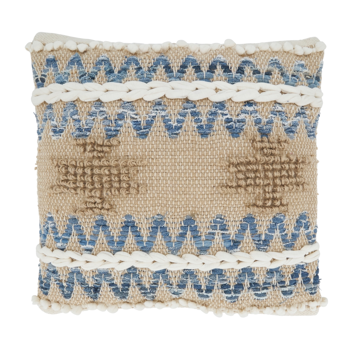 18 in. Multi Texture Chindi Square Throw Pillow with Poly Filling, Natural