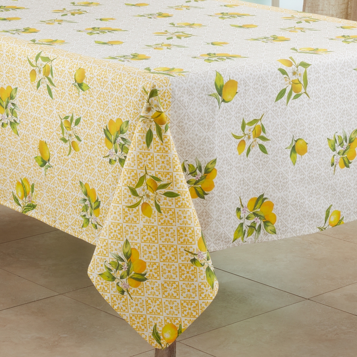 Picture of Saro 2420.Y70S 70 in. Lemon Design Block Print Square Tablecloth, Yellow