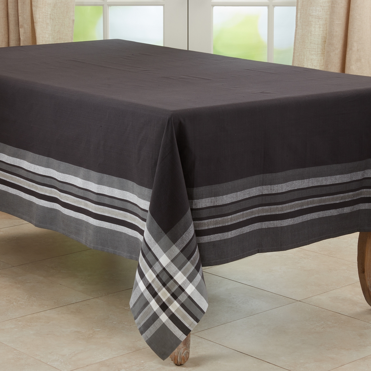 Picture of Saro 4387.BK70104B 70 x 104 in. Stripe Border Oblong Tablecloth, Black