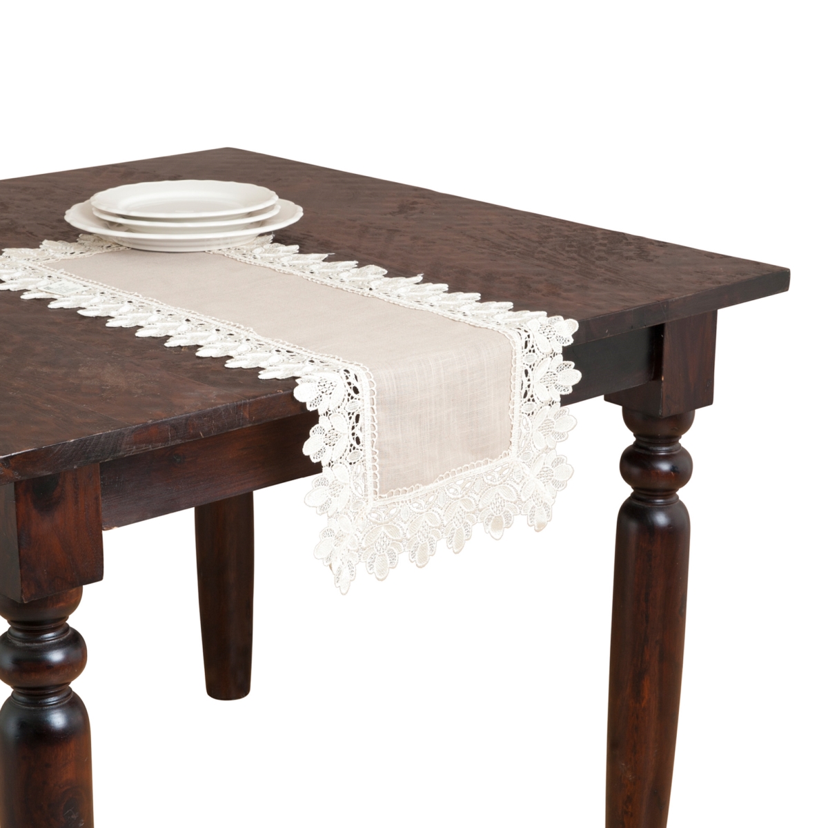 SARO  Rectangle Taupe Lace Trimmed Table Runner - Taupe