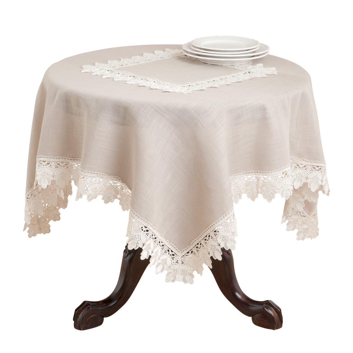 SARO  36 in. Square Lace Trimmed Table Topper - Taupe