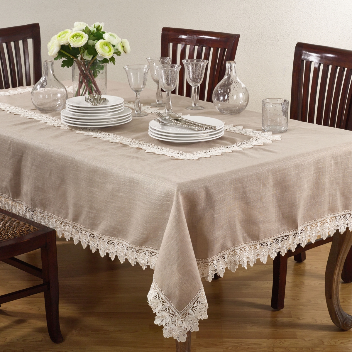 Picture of SARO 9212.T65104B 104 in. Rectangle Saro Taupe Lace Trimmed Tablecloth - Taupe