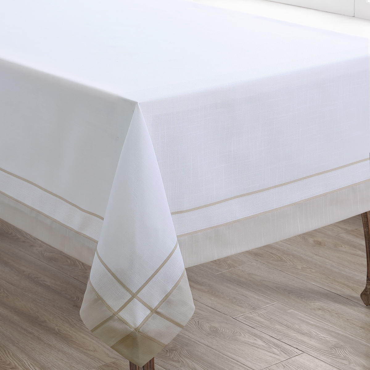 Picture of Saro 351.N72S 72 in. Banded Border Square Tablecloth, Natural