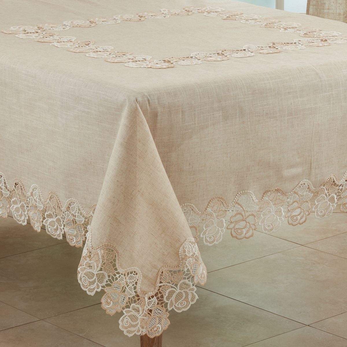 Picture of Saro 7082.N72S 72 in. Lace Rose Border Square Tablecloth, Natural