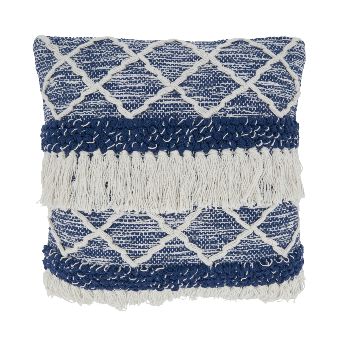 18 in. Fringe Moroccan Design Square Throw Pillow with Poly Filling, Navy Blue