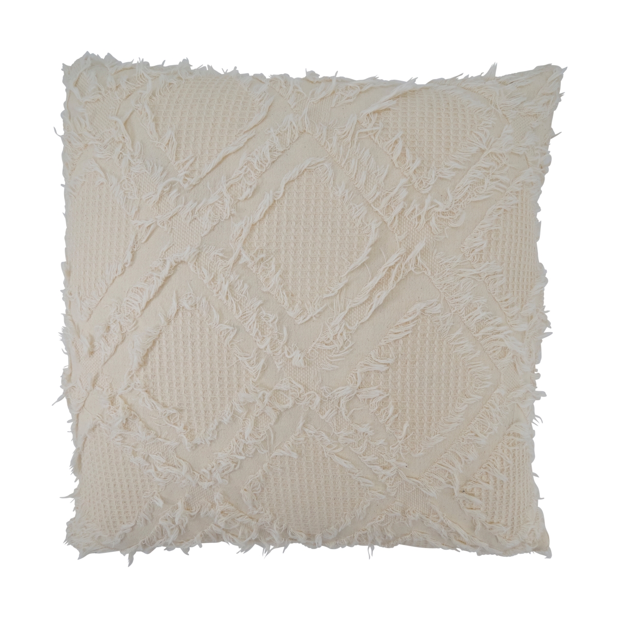 18 in. Fringe Waffle Weave Square Throw Pillow with Down Filling, Ivory