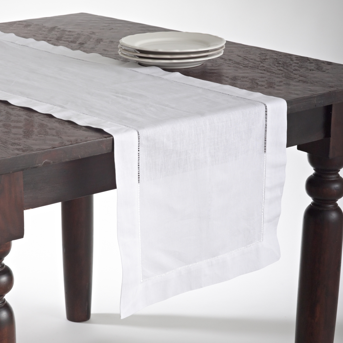 SARO  16 x 120 in. Runner Hemstitched Blend Table Linen  White