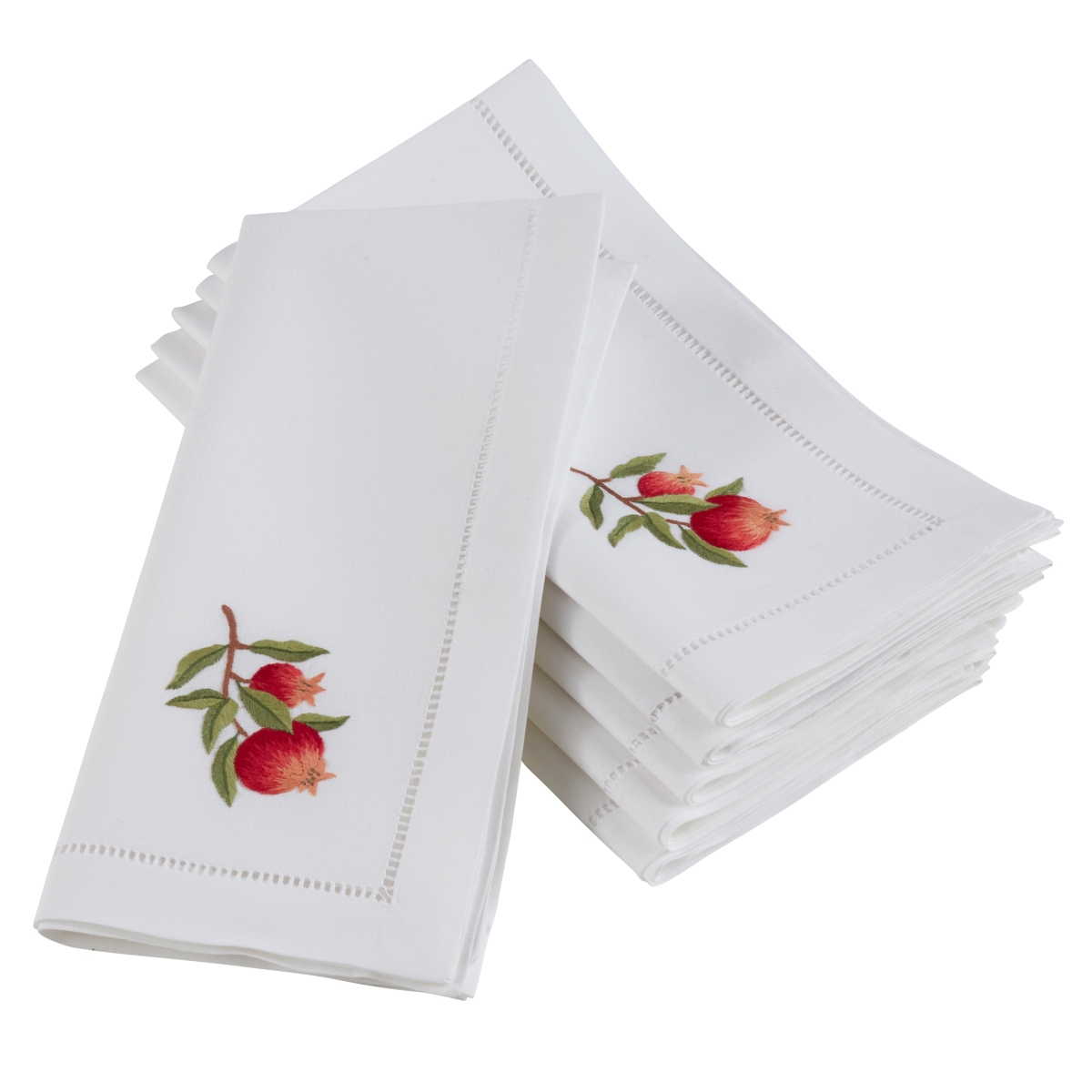SARO NM159.W20S 20 in. Square Embroidered Pomegranate & Leaves Hemstitch Design Cotton Napkins - White  Set of 6