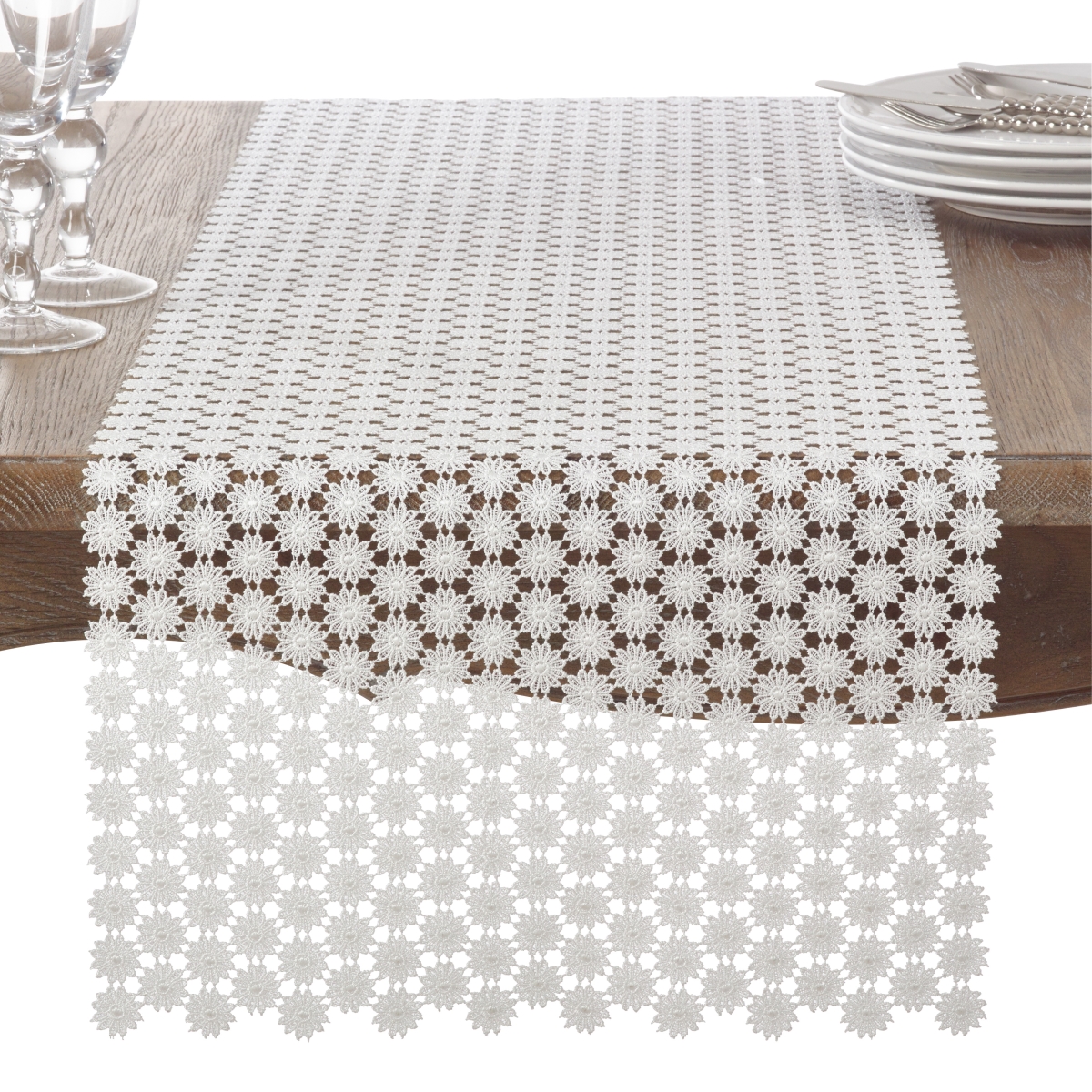 Picture of Saro Lifestyle 9271.I16108B Delicate Openwork Lace Table Runner, White