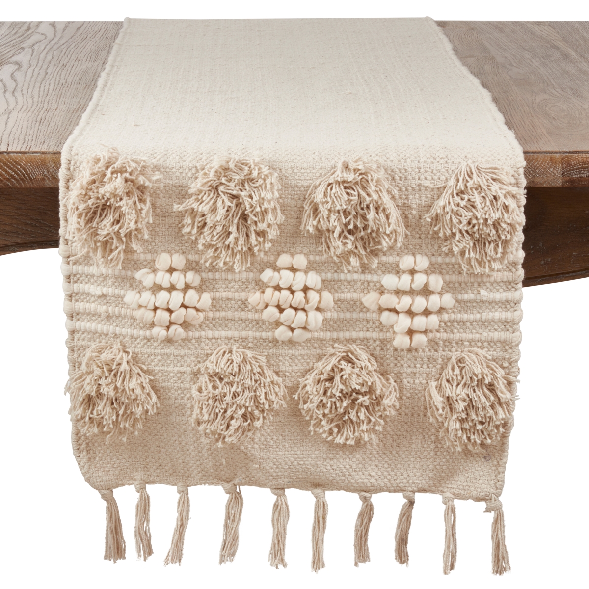Picture of Saro Lifestyle 3201.I1690B 90 in. Pom Pom Moroccan Cotton Table Runner, Ivory