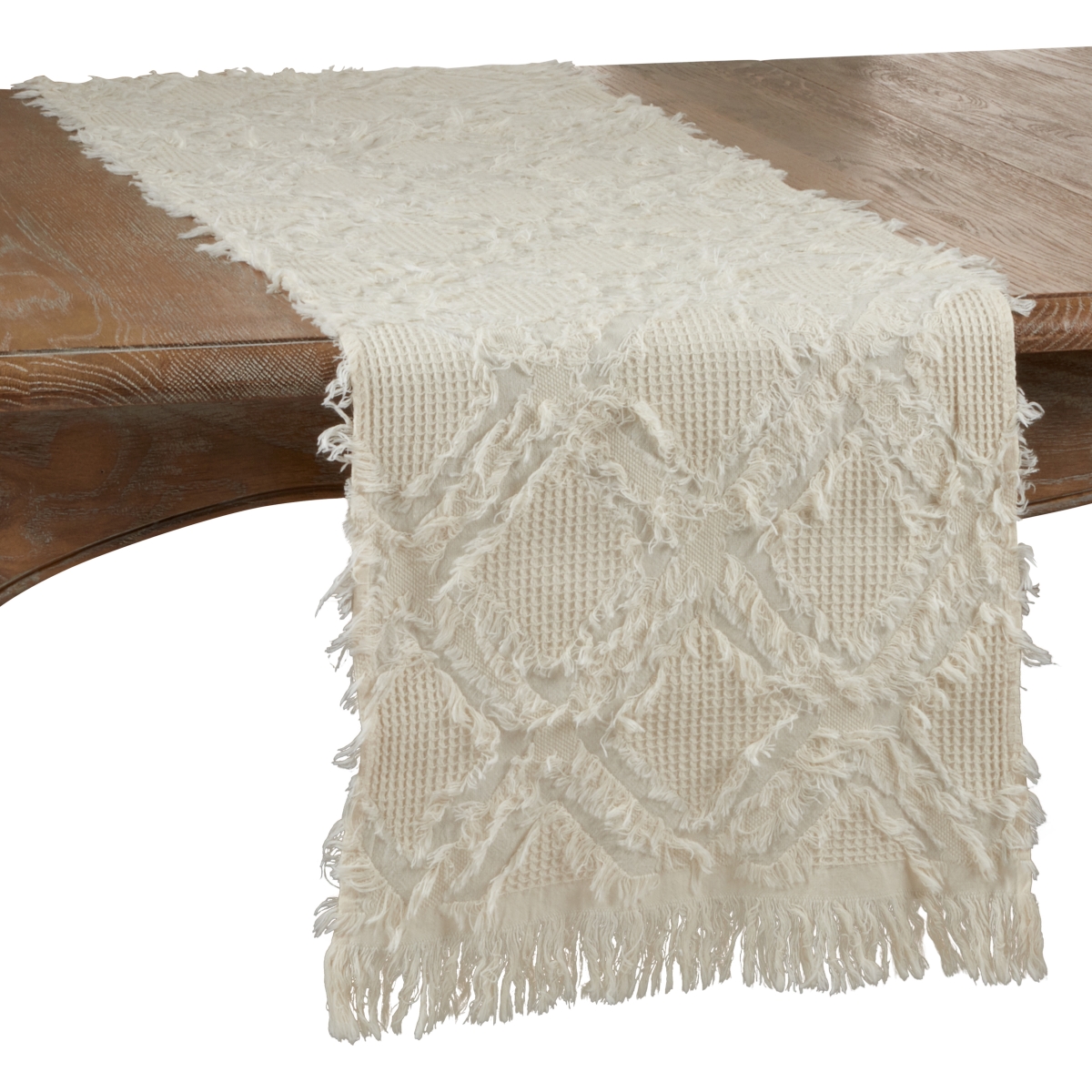 Picture of Saro Lifestyle 1877.I1690B 90 in. Fringe Waffle Weave Table Runner, Ivory