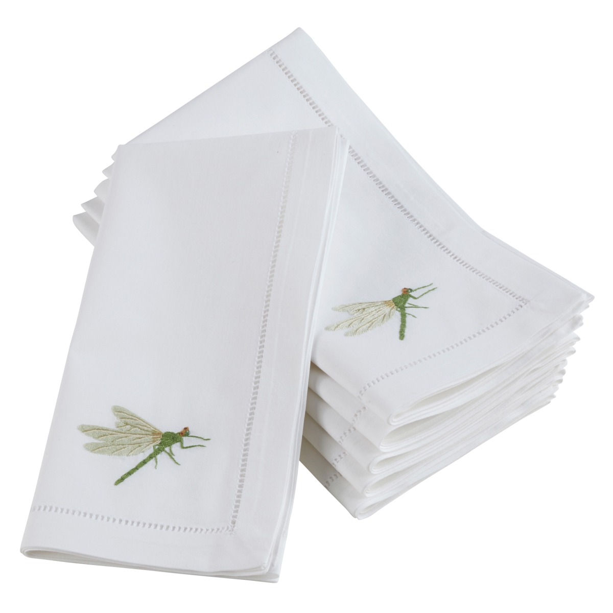 SARO NM168.W20S 20 in. Square Cotton Napkins with Dragonfly & Hemstitch Design - White  Set of 6