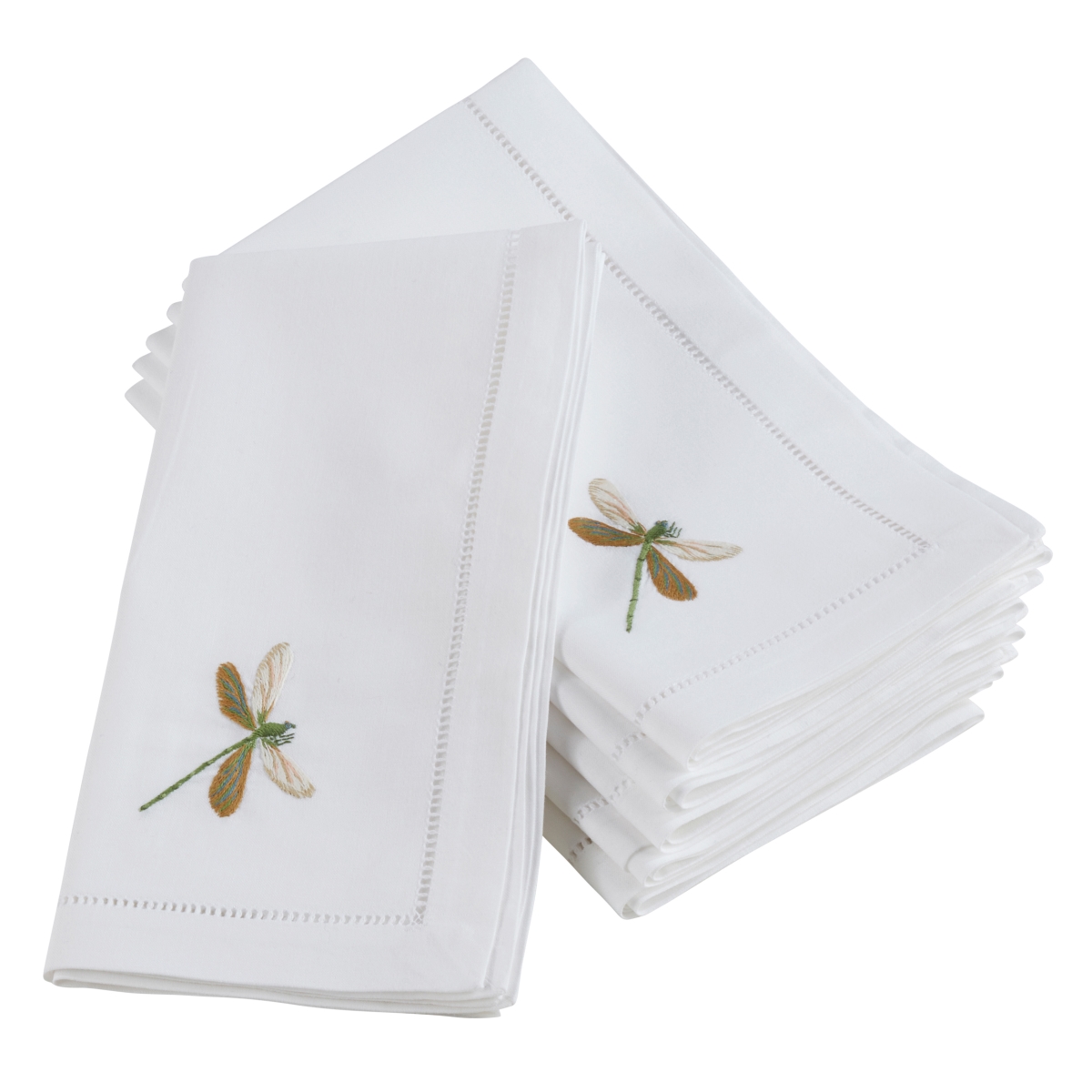 Picture of SARO NM169.W20S 20 in. Square Embroidered Open Wing Dragonfly Design Cotton Napkins - White  Set of 6